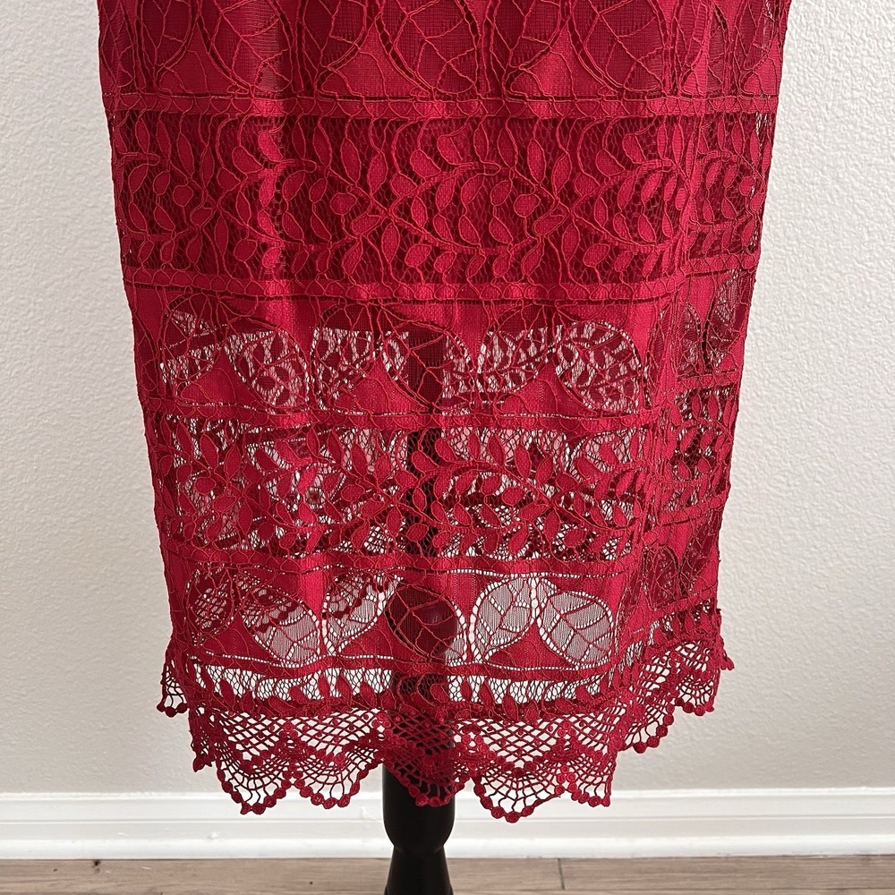 Medium Red Lace Midi Dress Bodycon Spaghetti Strap Cocktail Party Dress Romantic - Picture 2 of 11